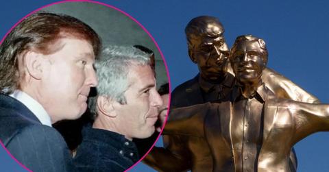 Composite photo of Donald Trump and Jeffrey Epstein; statue in D.C.