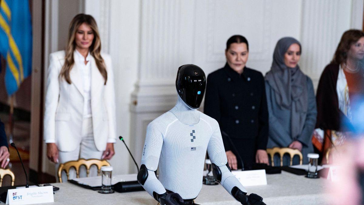 image of The first lady introduced a humanoid robot at her tech summit on Wednesday, March 25.