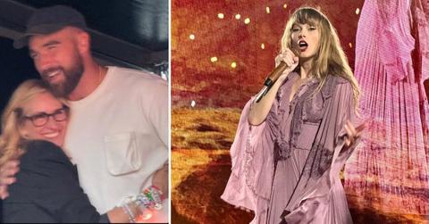 A composite photo of Julia Roberts and Travis Kelce hugging and a picture of Taylor Swift.