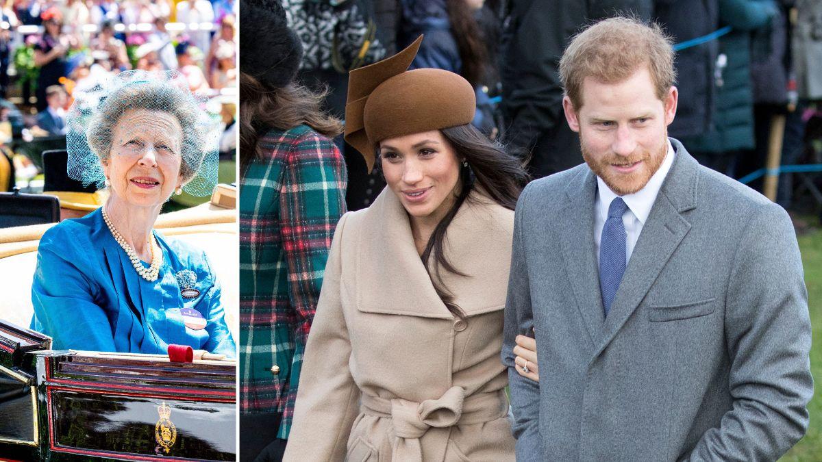 Split photo of Princess Anne and Prince Harry with Meghan Markle.