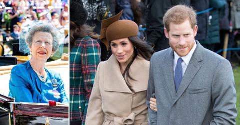 Split photo of Princess Anne and Prince Harry with Meghan Markle.