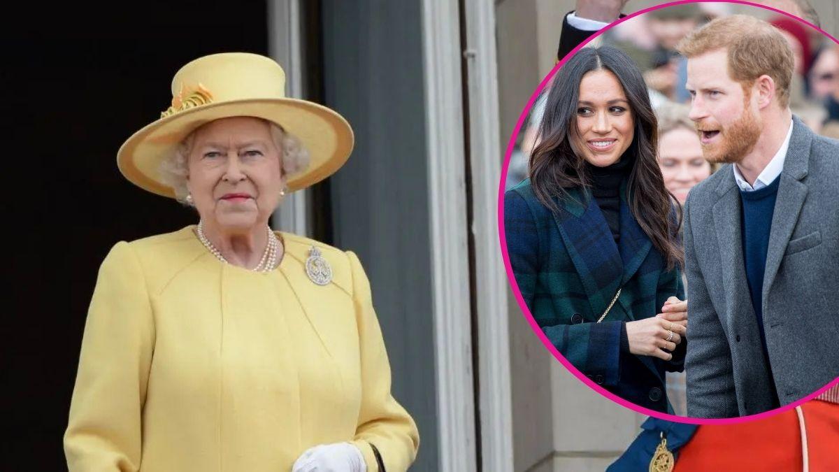 image of prince harry and meghan markle and inset of queen