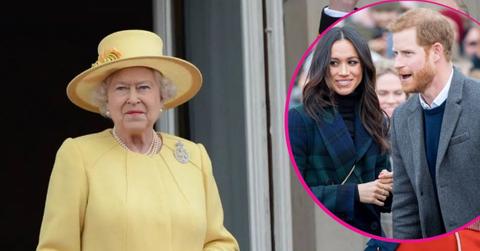 image of prince harry and meghan markle and inset of queen