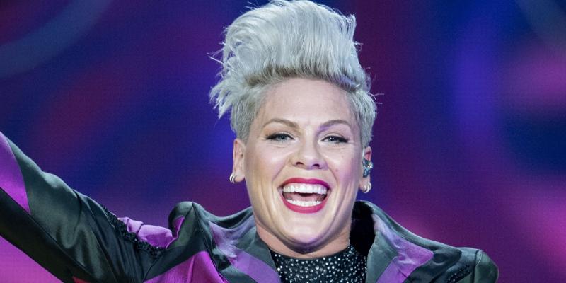 Pink performed in a black and purple blazer with a black, shimmering blouse underneath.