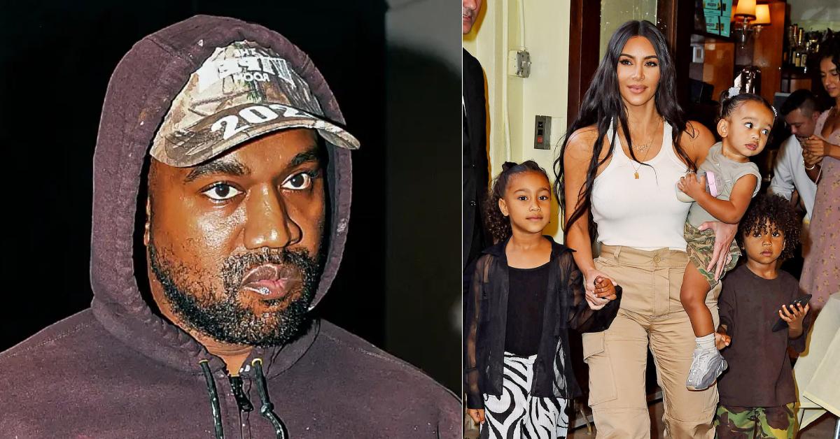 Photo of Kanye West; picture of Kim Kardashian and her kids.