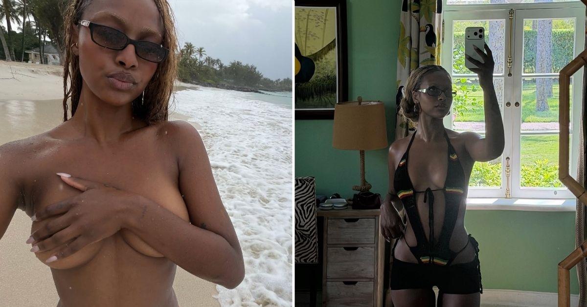 Photo of Justine Skye paused for a sultry selfie while topless on the beach.