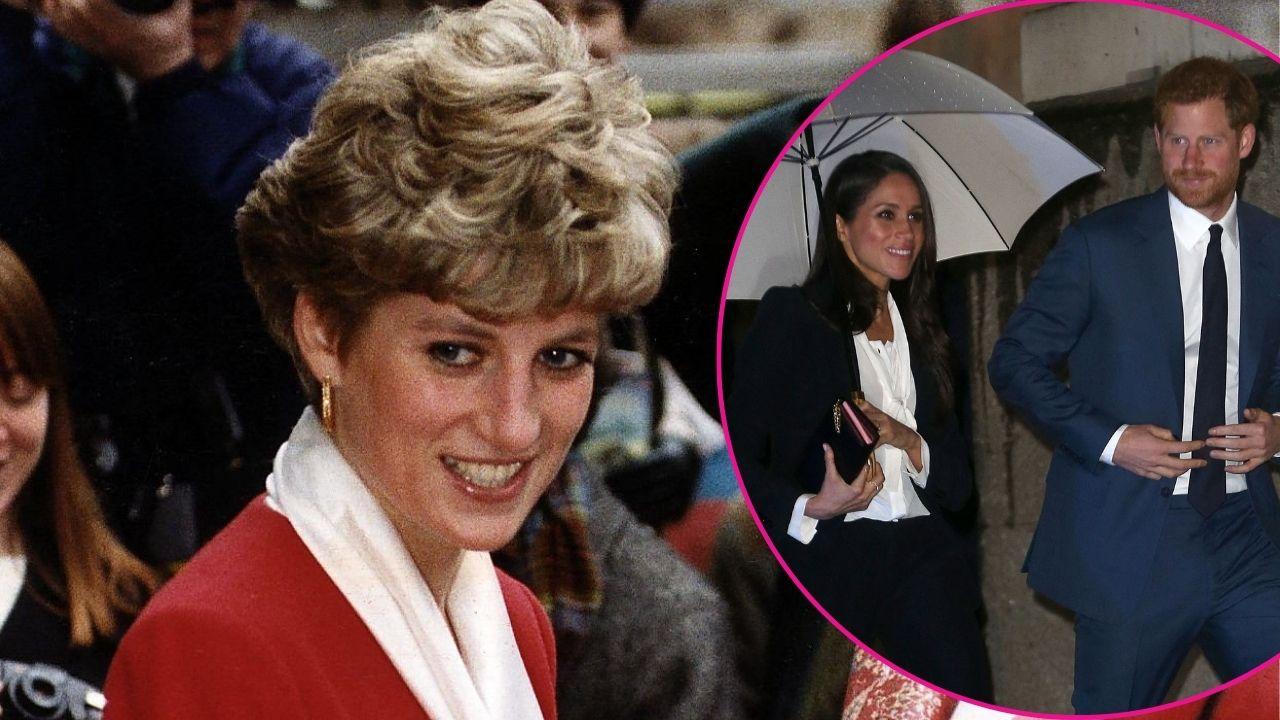 Split photo of Princess Diana, Prince Harry, and Meghan Markle