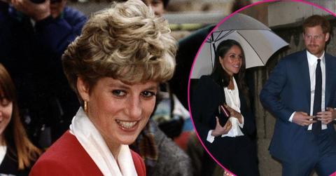 Split photo of Princess Diana, Prince Harry, and Meghan Markle