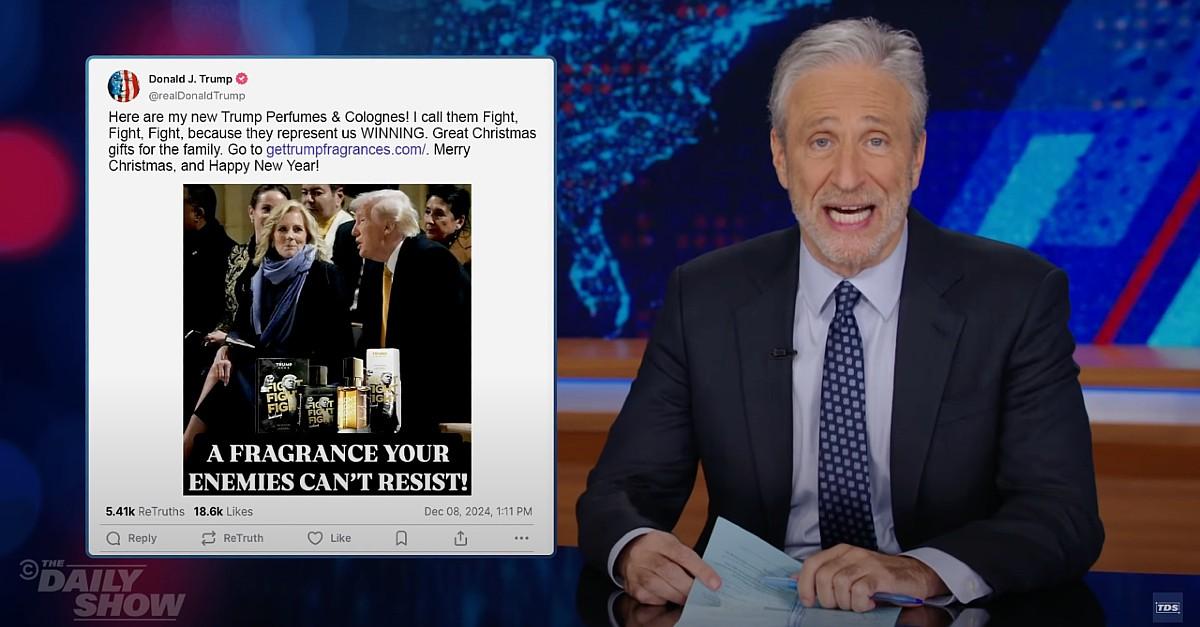 jon stewart criticizes trump sexualizing jill biden moment cologne ad