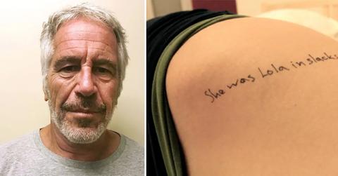 Photo of Jeffrey Epstein and photo of woman with 'Lolita' quote on her hip.