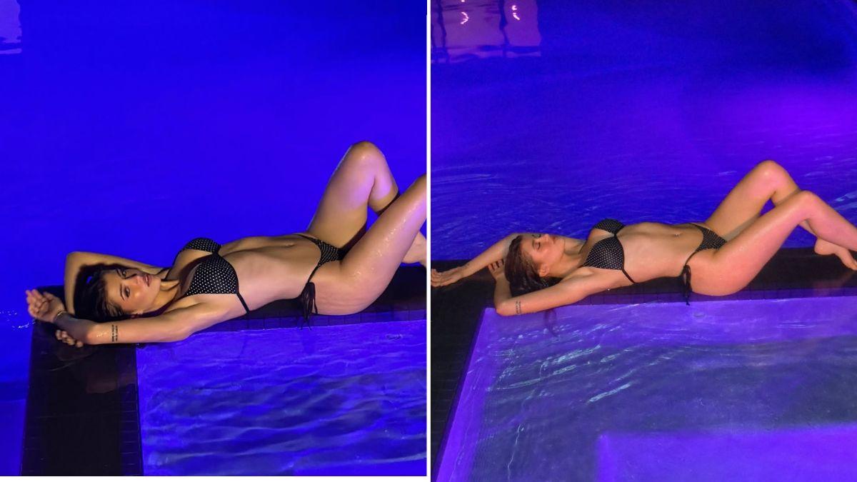 Image of Sami Sheen lounged poolside in a black-and-white polka-dot bikini.