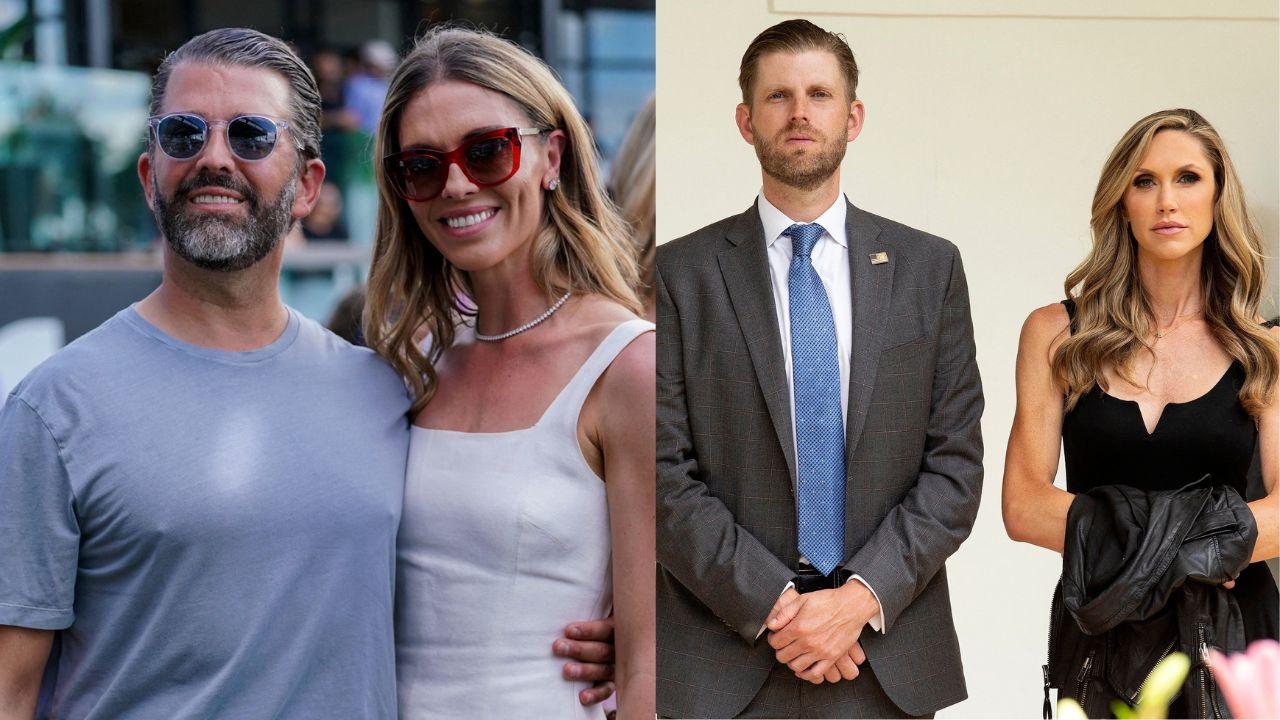 Split image of Donald Trump Jr. with Bettina Anderson and Eric Trump with Lara Trump.