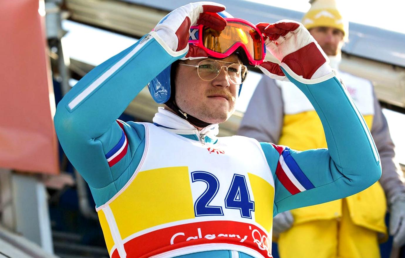 Taron Egerton, in his British ski jumping uniform, got ready for a jump in Eddie the Eagle.