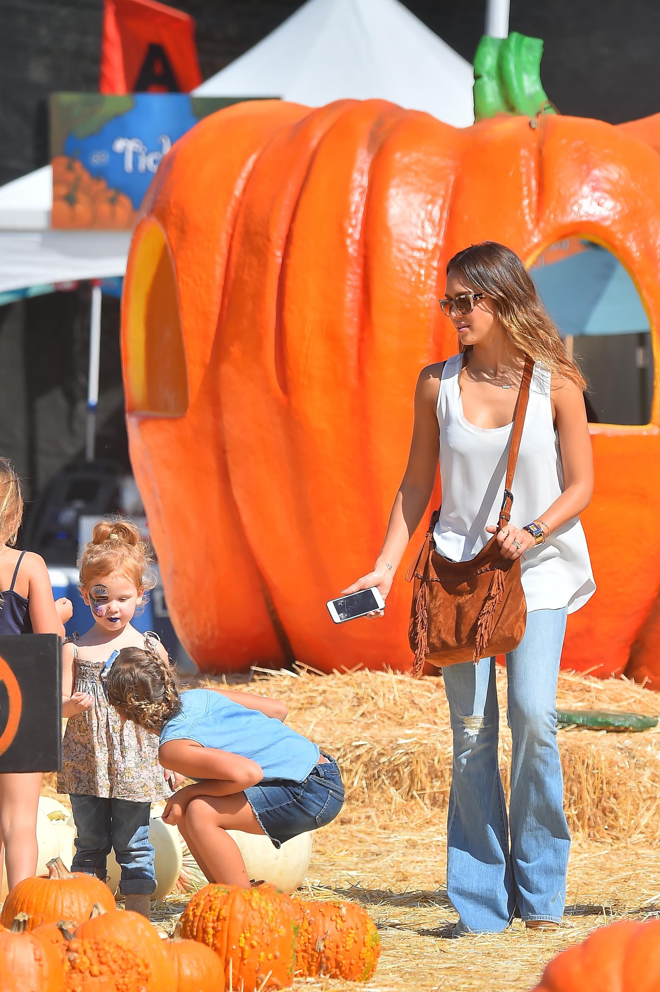 Jessica Alba and Cash Warren take their kids to Mr Bones Pumpkin Patch in West Hollywood