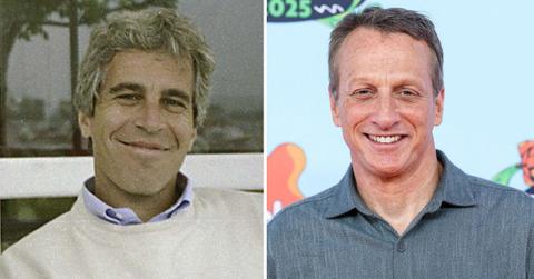 split photo of Jeffrey Epstein & Tony Hawk