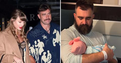 Photo of Taylor Swift and Travis Kelce and a picture of Jason Kelce with daughter Finnley