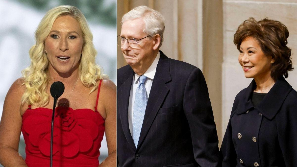 split image of Marjorie Taylor Green; Mitch McConnell and Elaine Chao