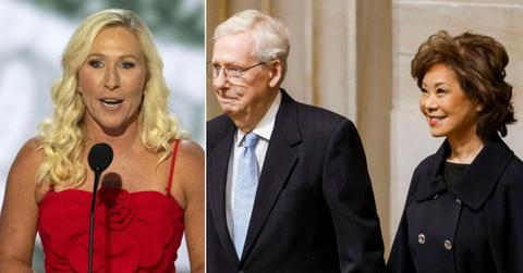 split image of Marjorie Taylor Green; Mitch McConnell and Elaine Chao