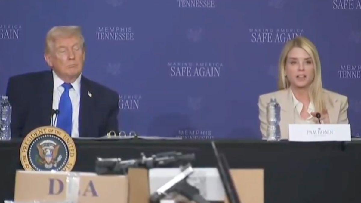 image of The president kept his eyes shut as Pam Bondi spoke.