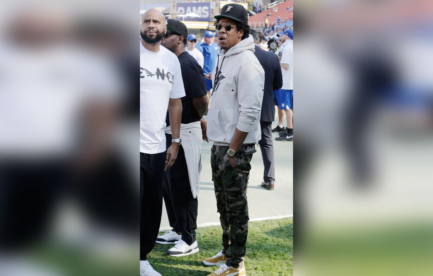 Rapper Jay Z is spotted on the sidelines of the Los Angeles Rams vs the Seattle Seahawks football game at the Los Angeles Memorial Coliseum