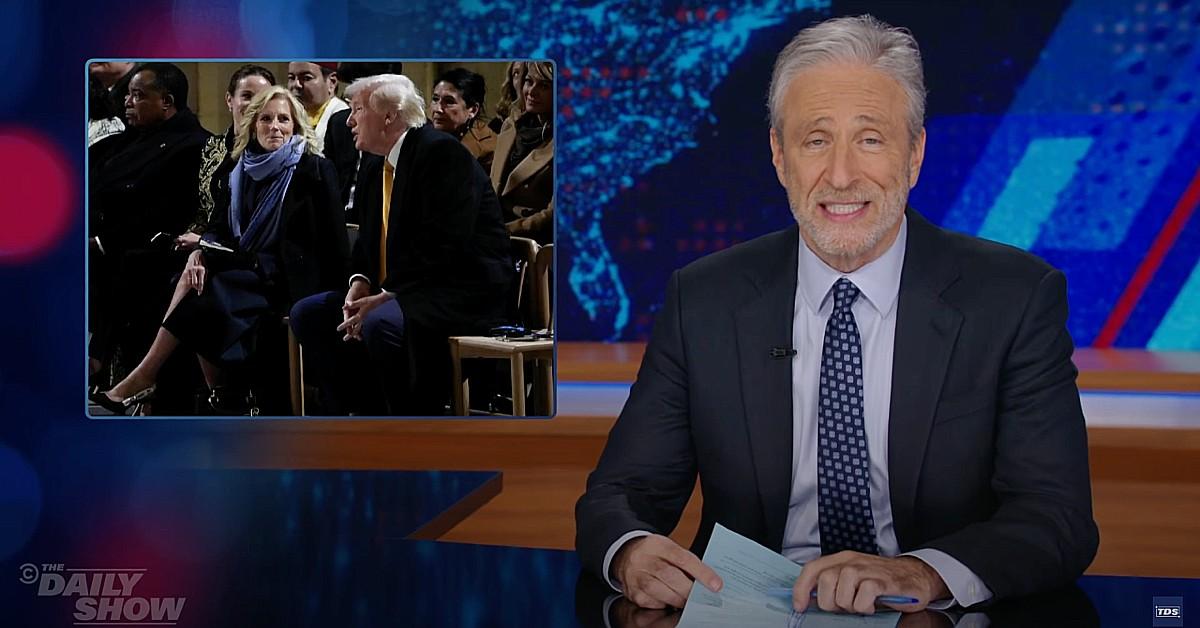 jon stewart criticizes trump sexualizing jill biden moment cologne ad