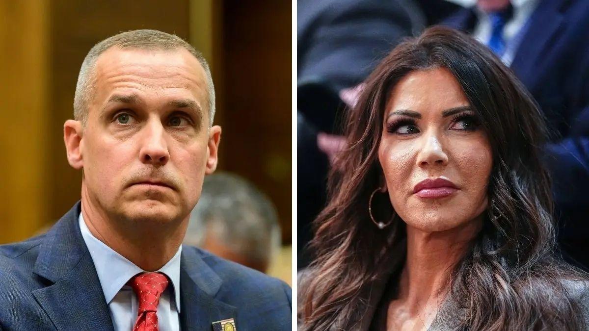 split photo of Corey Lewandowski and Kristi Noem
