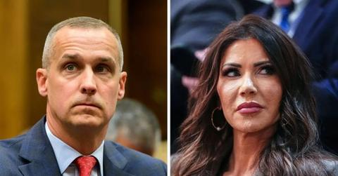 split photo of Corey Lewandowski and Kristi Noem