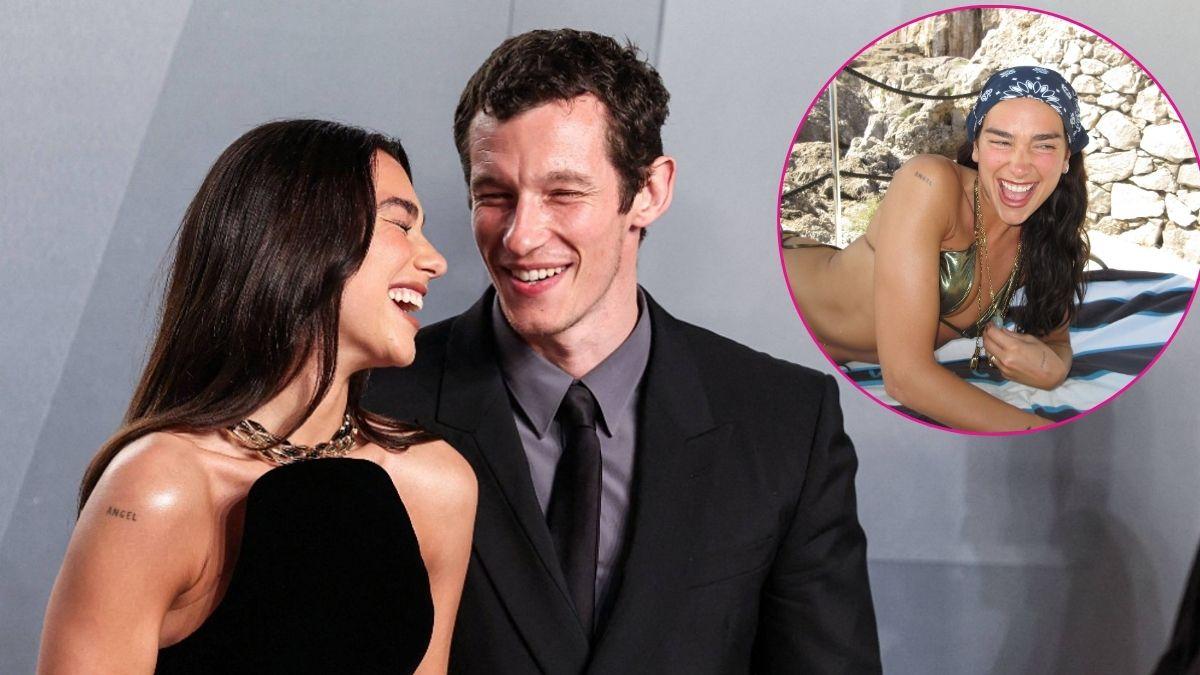 Image of Dua Lipa wowed in a naked bathtub shot and a metallic bikini on vacation with her husband. 