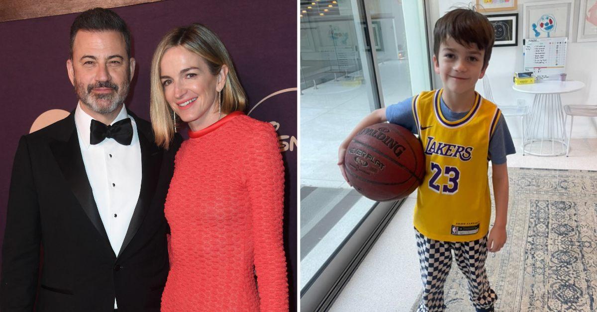 Photo of Jimmy Kimmel with wife Molly McNearney and a picture of their son, Billy.