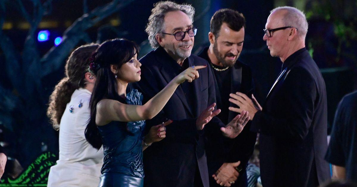 Photo of Jenna Ortega, Tim Burton, Michael Keaton and Justin Theroux