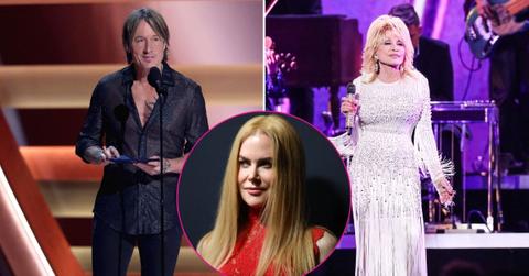 Split photo of Keith Urban (Left), Dolly Parton (Right), and Nicole Kidman (circle)