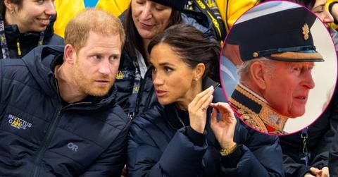 Split photo of Prince Harry & Meghan Markle & King Charles III