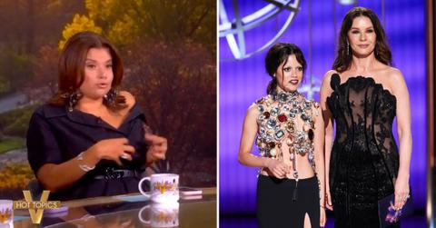Photo of Ana Navarro on 'The View' and a photo of Jenna Ortega with Catherine Zeta-Jones at the 2025 Emmys.