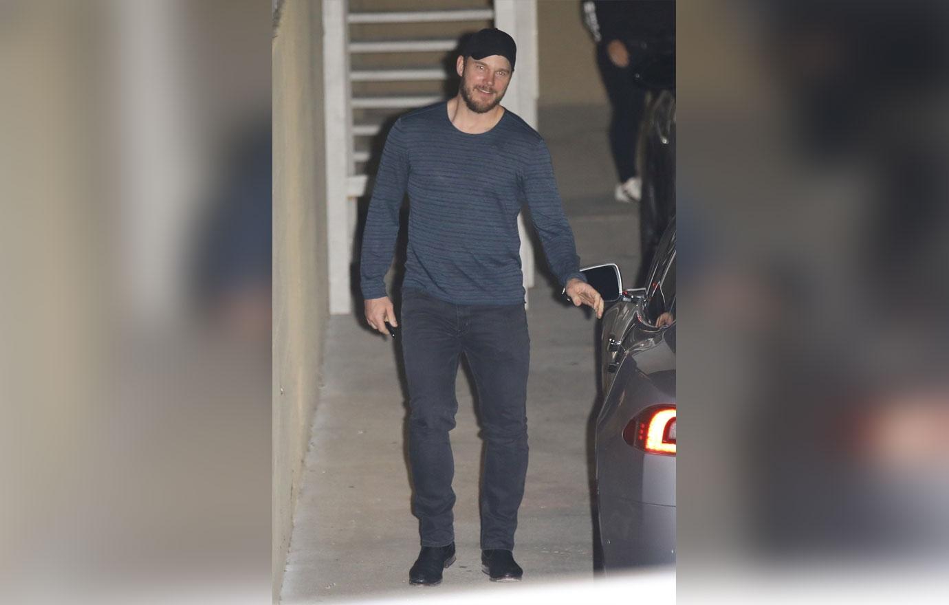 Happy Chris Pratt exits Church to his Ride