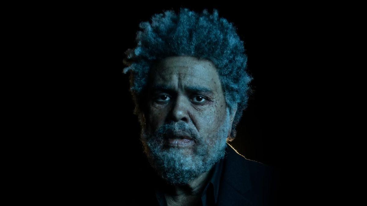 Image of The Weeknd dressed as an aged version of himself for his 2022 album Dawn FM.