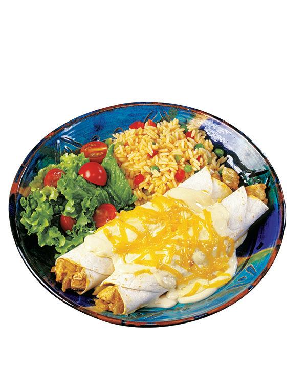 Chicken Enchiladas Topped with Melted Cheese, Rice and Salad