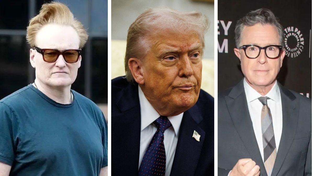 split photo of conan o'brien, donald trump and stephen colbert