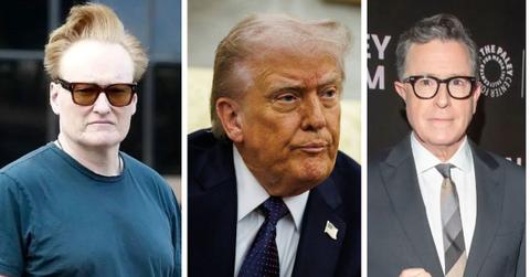 split photo of conan o'brien, donald trump and stephen colbert