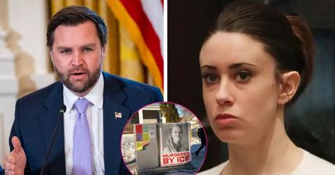 composite photo of j.d. vance, casey anthony and a poster about renee good's fatal shooting