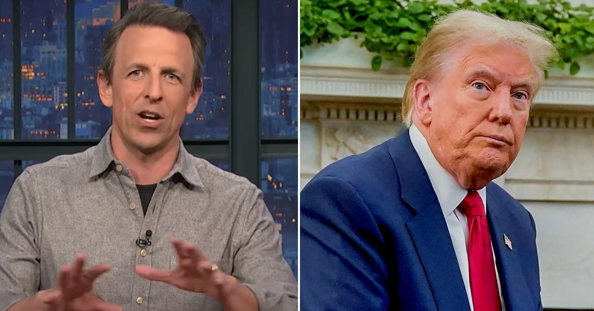 Split photo of Seth Meyers and Donald Trump