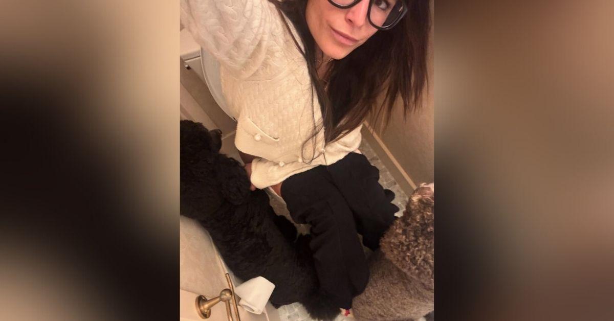 image of Jordana Brewster shared a funny bathroom selfie with her dogs.