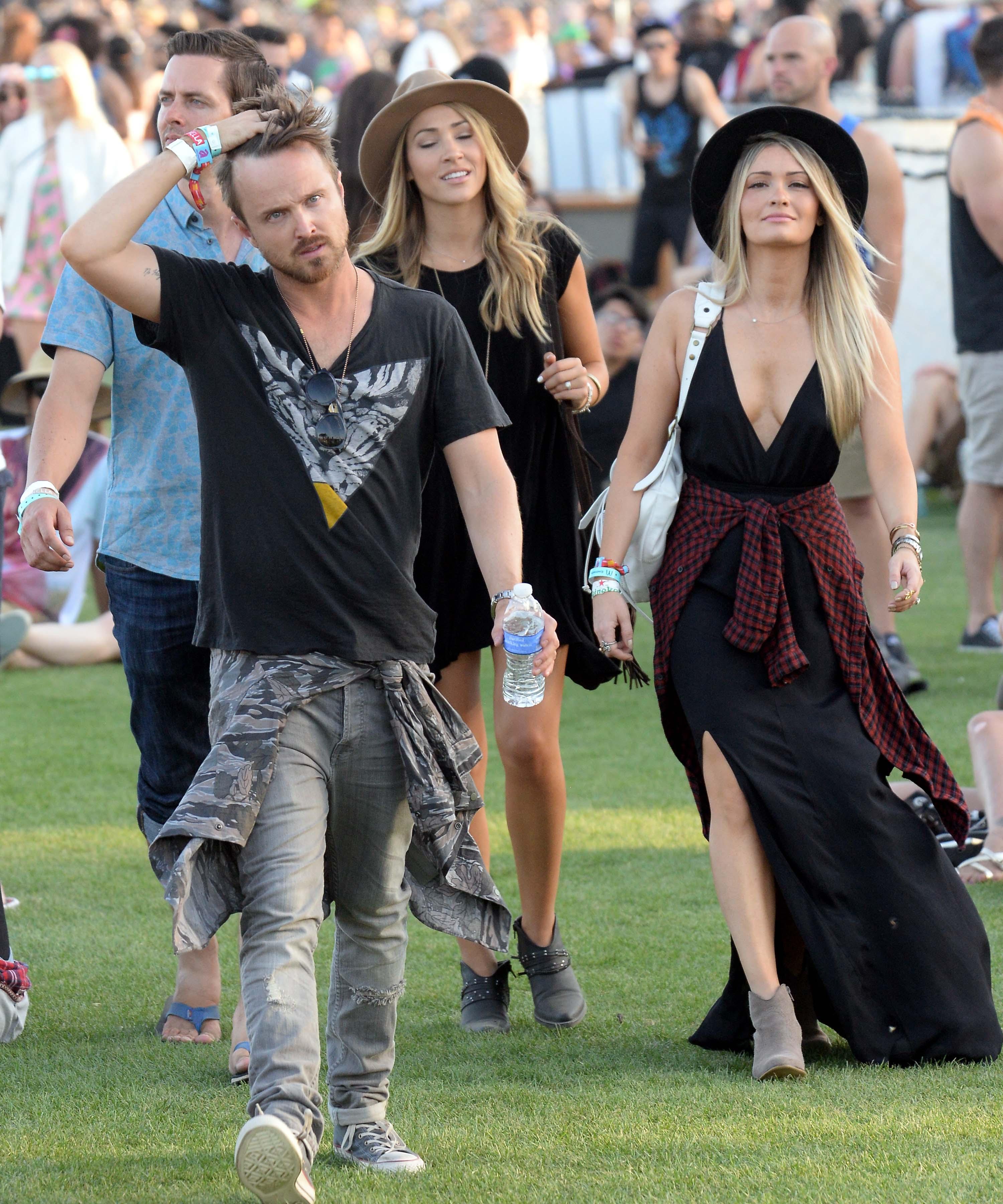 Aaron Paul  and wife Lauren woith some friends is spotted on Day 2 of the Coachella Music Festival in Indio, Ca