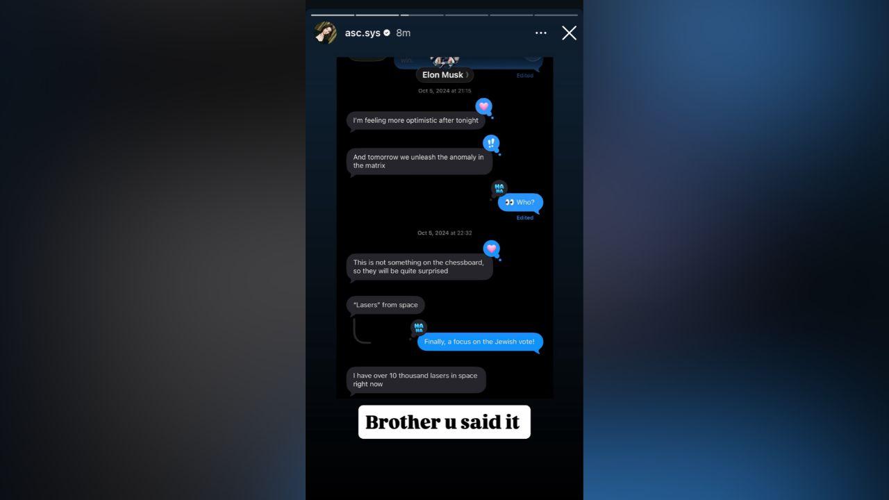 Image of Elon Musk told Ashley St. Clair, 'I have over 10 thousand lasers in space right now.'