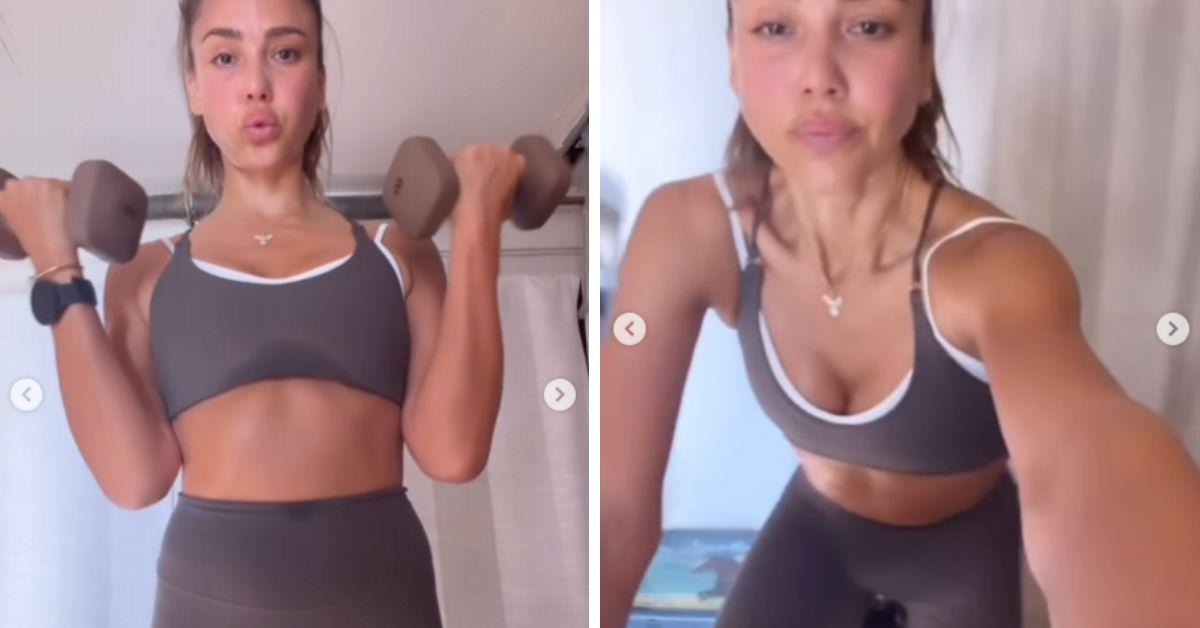 image of The actress appeared makeup-free while wearing a matching gray workout set during her fitness session.