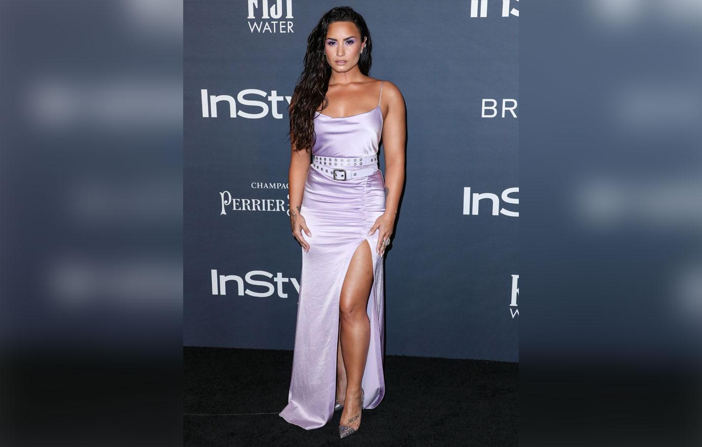 Demi Lovato Wearing Silk Purple Dress demi lovato friend death