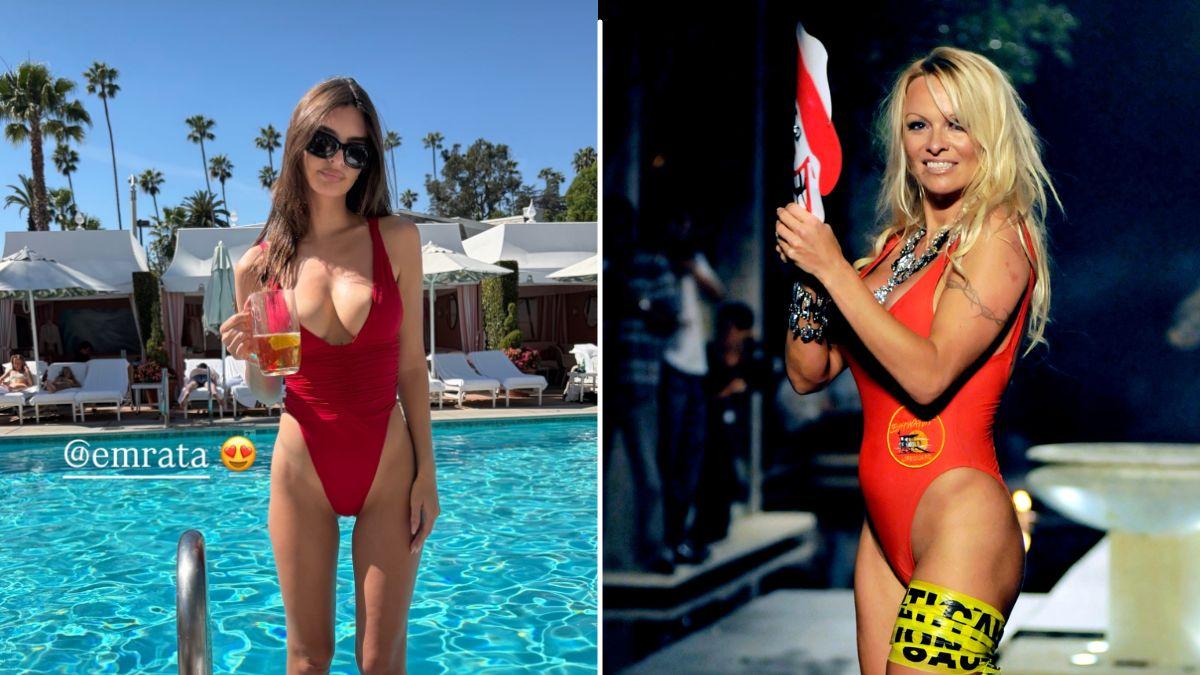 image split of Pamela Anderson and Emily Ratajkowski