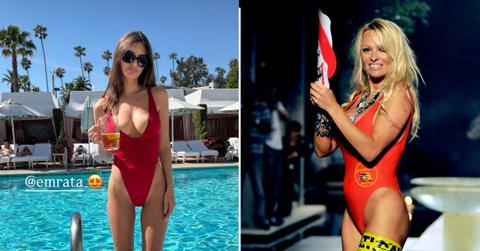 image split of Pamela Anderson and Emily Ratajkowski