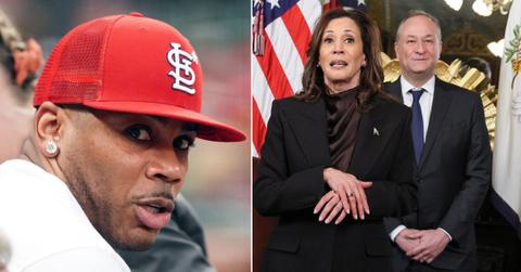 Photo of Nelly; picture of Kamala Harris and Doug Emoff.