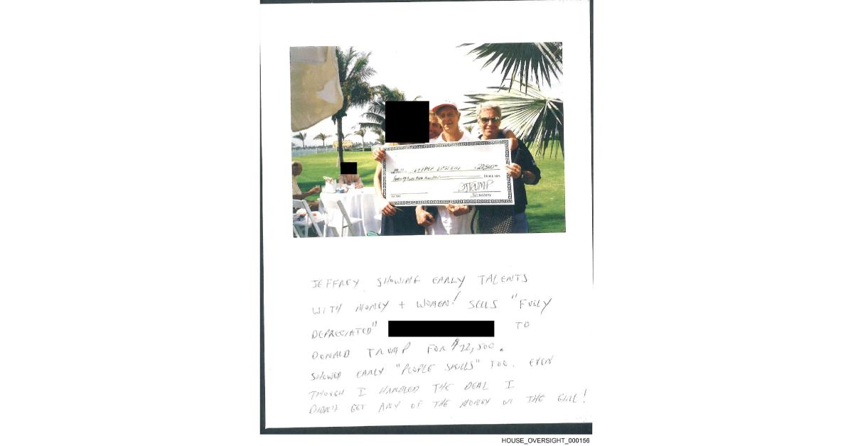 Image of A photo of a check to Jeffrey Epstein from Donald Trump was revealed in a book gifted to the disgraced financier on his 50th birthday.