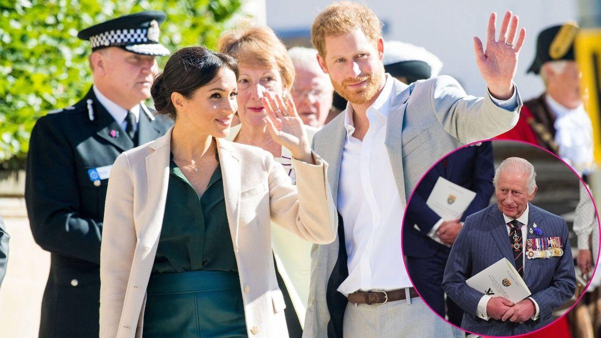 Split photo of Meghan Markle, Prince Harry, and King Charles.